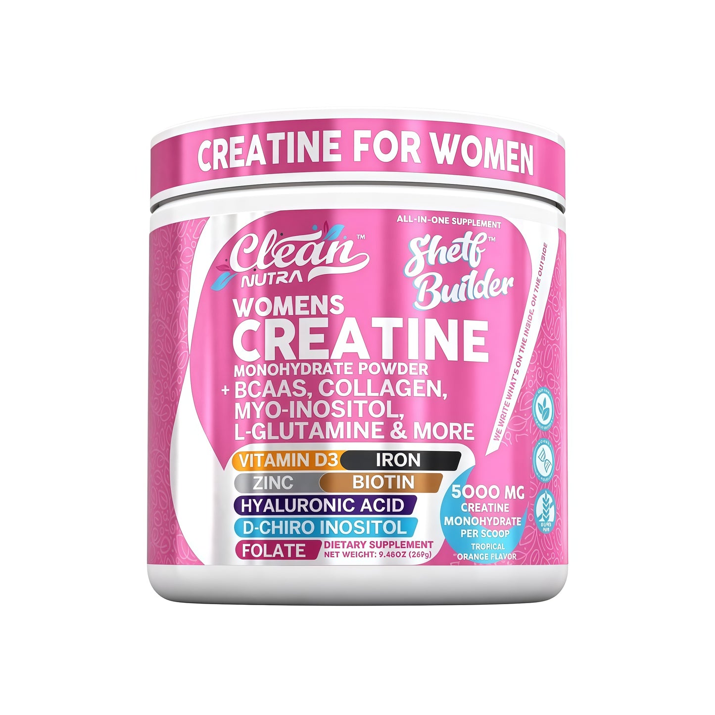 Creatine for Women | Creatine Monohydrate + BCAA Powder Myo-Inositol Collagen Biotin Hyaluronic Acid Folate L Glutamine Vitamin D3 Iron Zinc D-Chiro-Maca Digestion Shelf Builder by Clean Nutra