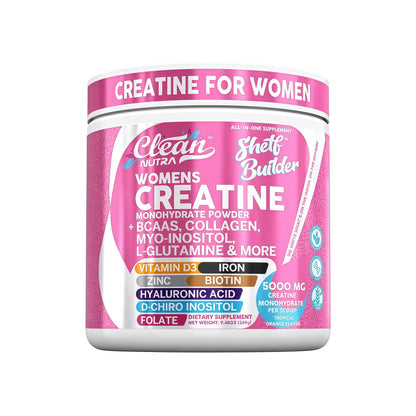 Creatine for Women | Creatine Monohydrate + BCAA Powder Myo-Inositol Collagen Biotin Hyaluronic Acid Folate L Glutamine Vitamin D3 Iron Zinc D-Chiro-Maca Digestion Shelf Builder by Clean Nutra